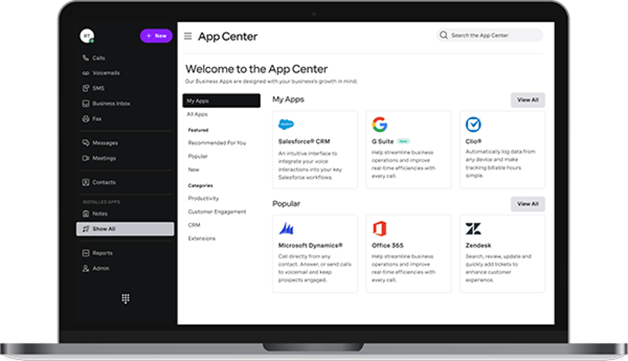 Central de aplicativos da Vonage: um ecossistema melhor Vonage app center screenshot in desktop view
