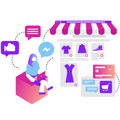 Illustration of a woman sitting outside a brick-and-mortar store. She is using her laptop, and we see icons representing her shopping for clothes items, watching videos, chatting with store clerks, and making purchases online.