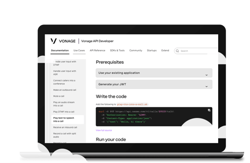 API Developer Center Code View Screen grab of the API Developer Center showing code that can be copied for use.