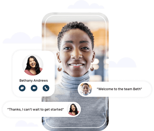 Communicate your way Montage of woman in an office setting with mobile communication elements