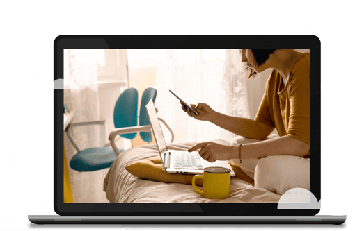 laptop photo mobile app Laptop image with a still frame of a woman using a mobile app