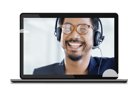 Vonage Contact Centers Laptop image with a still frame of a contact center agent helping a customer