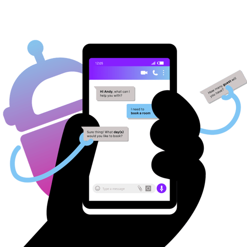 Conversational AI image Illustration of a mobile phone with a messaging conversation on the screen; behind the phone is a bot with long arms reaching towards the screen, indicating the bot is facilitating the conversation with the customer