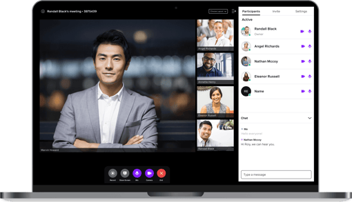 Laptop showing Vonage Meetings screenshot, with man on large view and tiles of other 4 participants, plus the chat on the right Laptop showing Vonage Meetings screenshot, with man on large view and tiles of other 4 participants, plus the chat on the right