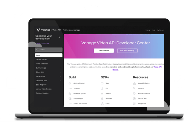 Vonage Video API Developer Center Dashboard view of Video API Developer Center