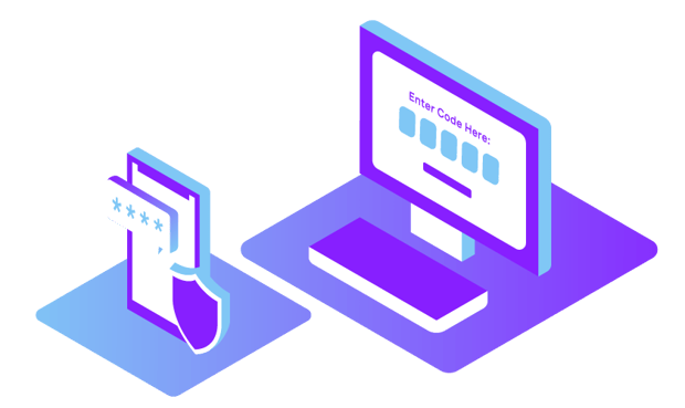 Verify 2.0 Early Access Header Image Illustration depicting two-factor authentication; a cell phone shows a four digit-code, behind it a computer screen has a row of boxes for the code to be entered