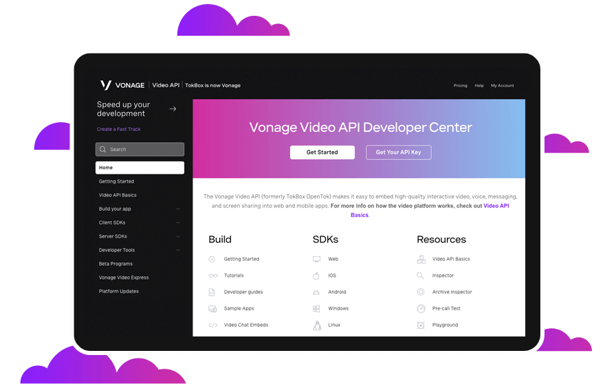 Vonage Video API Developer Center Dashboard view of Video API Developer Center