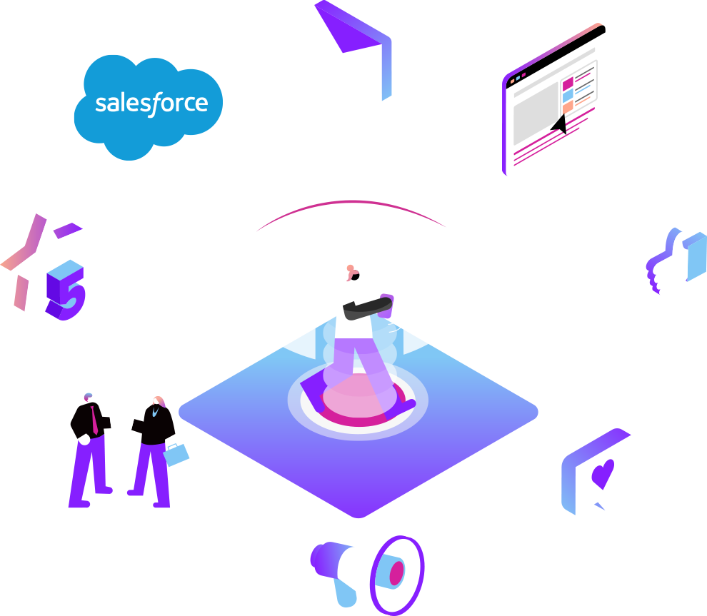 Salesforce World Tour Illustration depicting Salesforce and Vonage integrations across devices